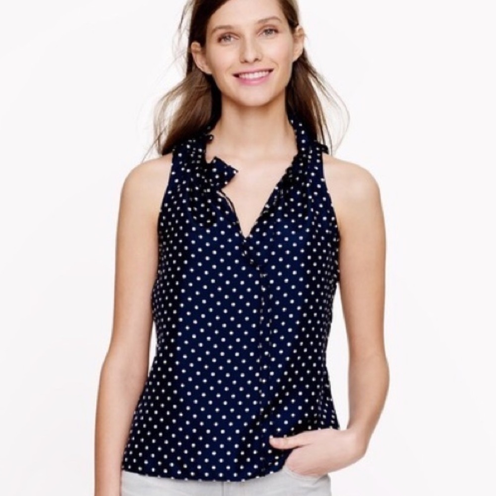 J Crew Navy White Polka Dot Silk Ruffle Sleeveless Popover Blouse 0